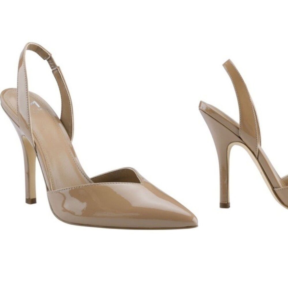 Marc Fisher Feisty Patent Leather Pointed Toe Slingback Pumps in Camel Brown 7.5
